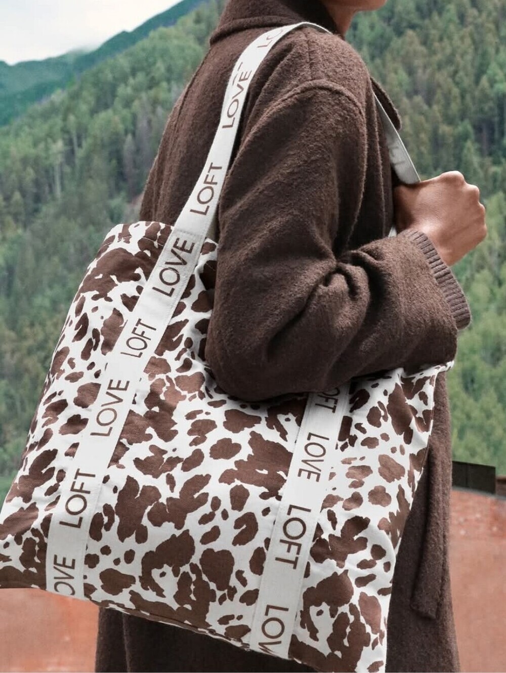 LOFT NWT Brown and Cream Animal-Print Tote with Logo Straps.